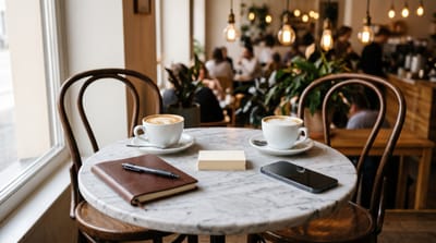Two cappuccinos, a leather notebook with a pen, a phone and a stack of blank business cards on a marble table in a busy cafe