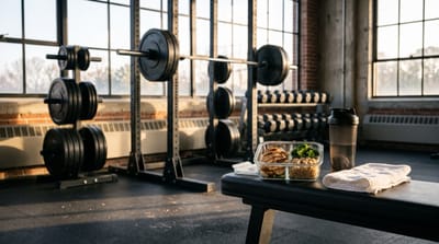 Meal-prep container of grilled chicken, brown rice and broccoli with a shaker bottle and towel on a weight bench in an empty gym with a loaded barbell