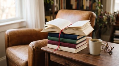 Open book with a red ribbon bookmark on a stack of hardcover books beside a coffee mug and reading glasses next to a leather armchair